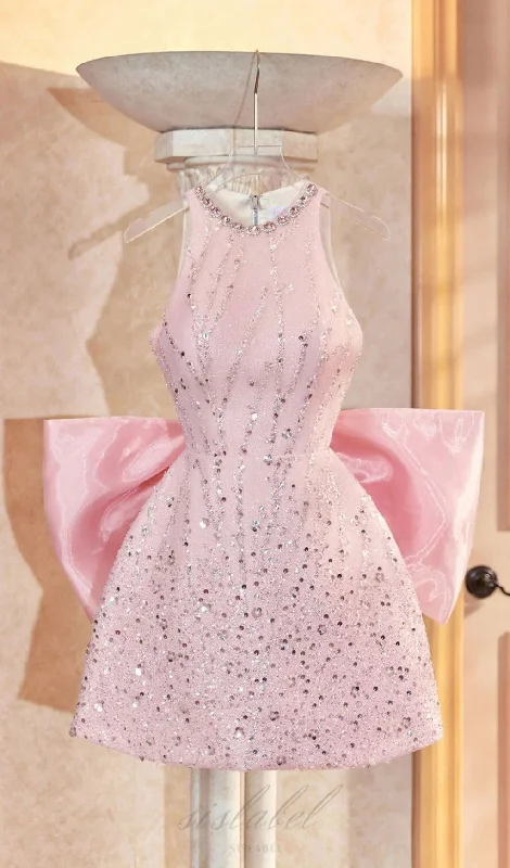 EMBELLISHED BOW BACK MINI DRESS IN PINK Trendy Mesh Mini Dress
