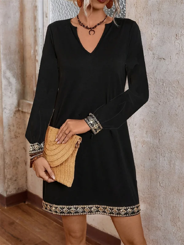 LIZAKOSHT  -  Embroidered Notched Long Sleeve Mini Dress Modern Satin Mini Dress