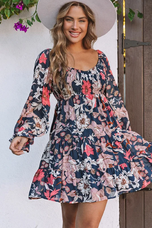 Floral Tiered Long Puff Sleeve Mini Dress Trendy Tulle Mini Dress
