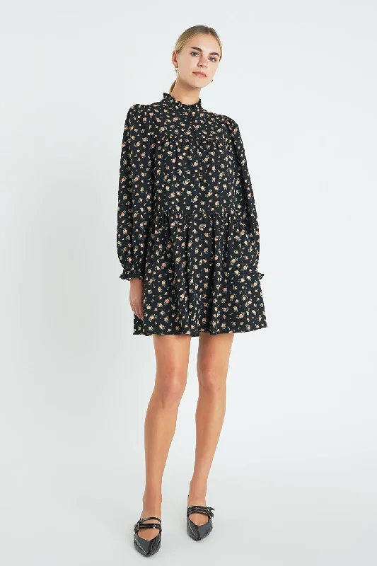 English Factory - Floral Tiered Mini Dress Comfortable Fit-and-Flare Mini Dress