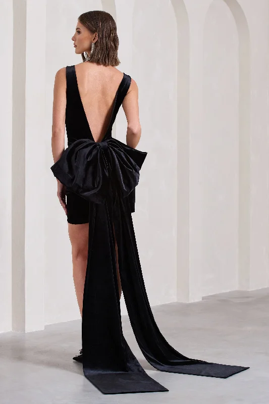 Gifting | Black Velvet Plunge Mini Dress With Oversized Bow Comfortable Ruffle Mini Dress