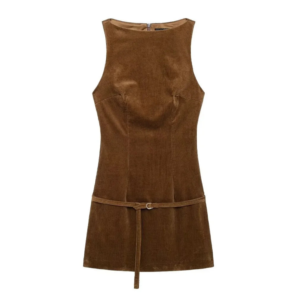 LIZAKOSHT  -  Fashion Brown Corduroy Mini Dress for Women Autumn Tank Sleeveless Belt Slim Short Dresses Ladies Streetwear Classic White Mini Dress