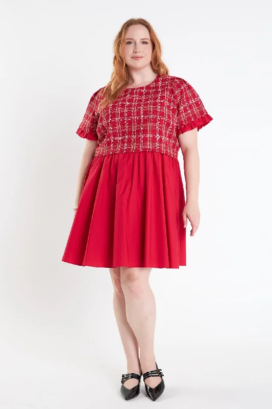 English Factory - Mixed Media Tweed Poplin Mini Dress Trendy Lace Mini Dress