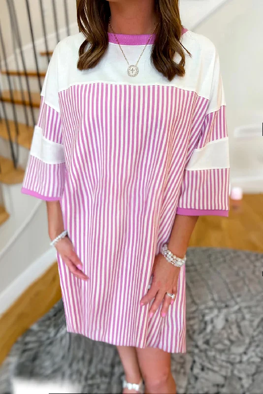 Phalaenopsis Striped Patchwork Three Quarters Sleeve Loose Mini Dress Stylish Spaghetti Strap Mini Dress