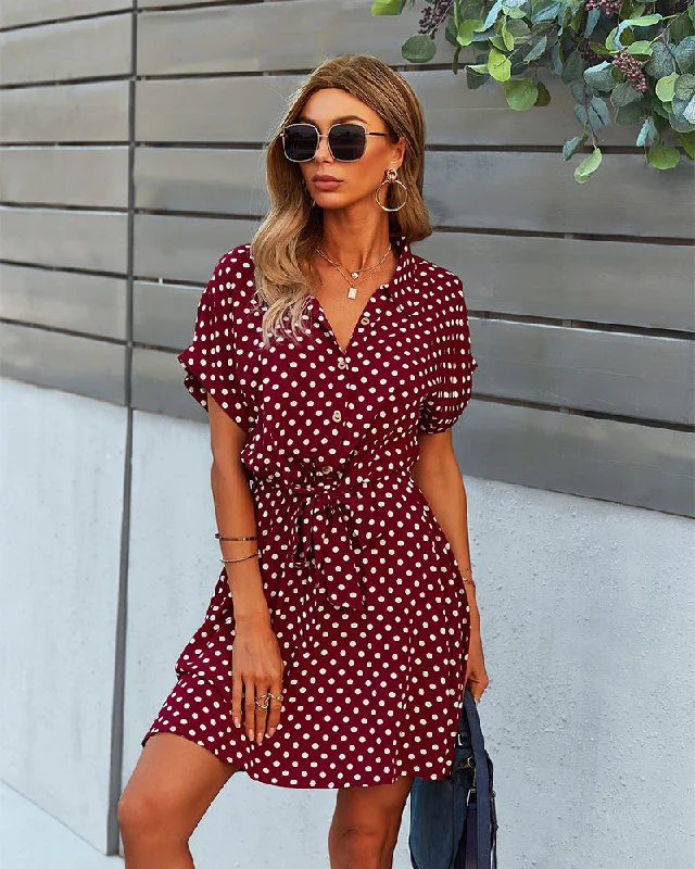 Polka Dot Tie Waist Collar Neck Mini Dress Comfortable Shift Mini Dress