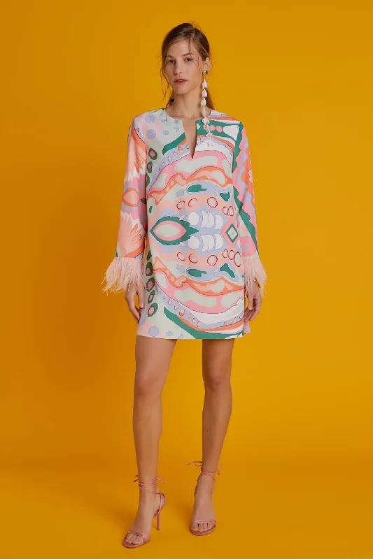 English Factory - Print Mini Tunic Dress With Feather Chic Tropical Mini Dress