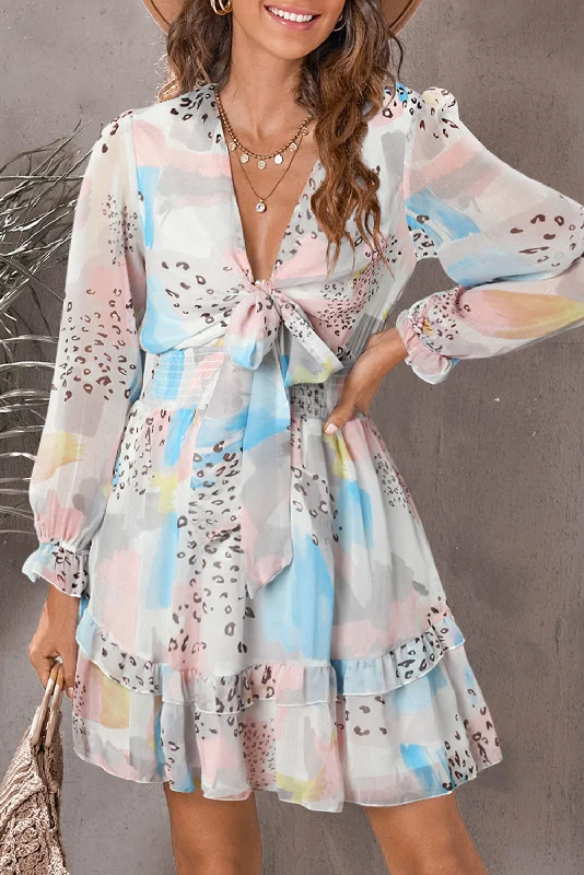 Printed Flounce Sleeve Mini Dress Elegant Tulle Mini Dress