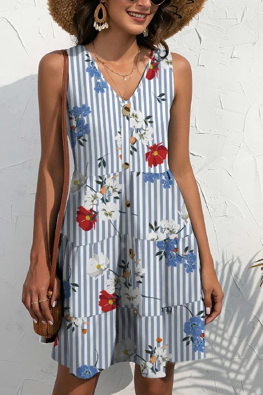 Printed V-Neck Sleeveless Mini Dress Trendy Cut-Out Mini Dress