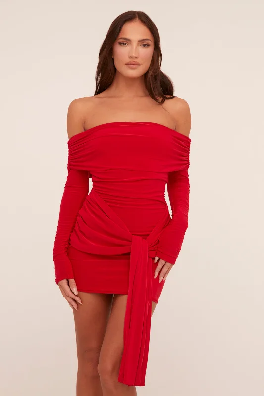 Red Bardot Tie Front Mini Dress - Teagen Trendy A-Line Mini Dress