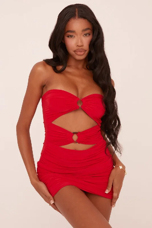 Red Ring Detail Bandeau Ruched Bodycon Mini Dress - Tefta Elegant Satin Lace Mini Dress