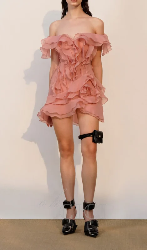 RUFFLE LAYERS STRAPLESS MINI DRESS IN PINK Cozy Satin Mini Dress