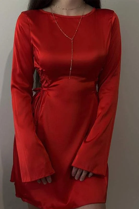 SATIN FLARE SLEEVE MINI DRESS Cozy Cotton Mini Dress