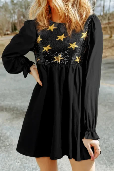 LIZAKOSHT  -  Sequin Star Round Neck Flounce Sleeve Mini Dress Stylish Sweetheart Mini Dress