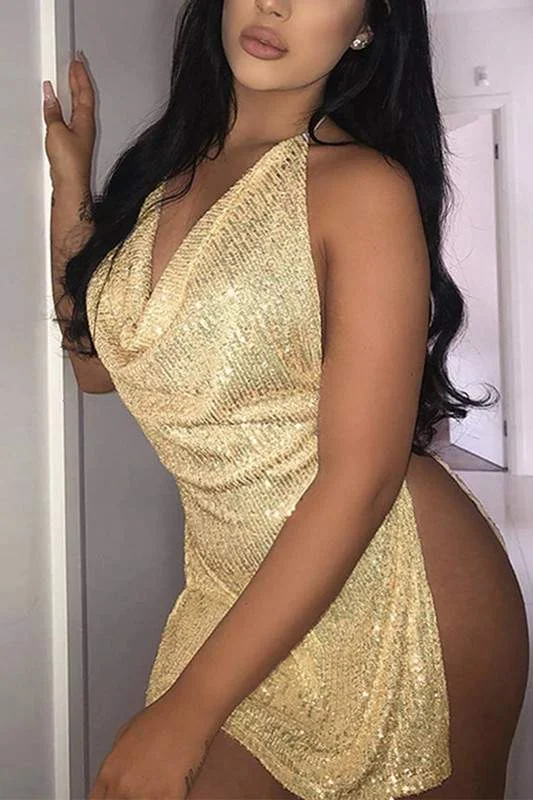 SEQUINS HALTER MINI DRESS Trendy Mini Dress with Belt