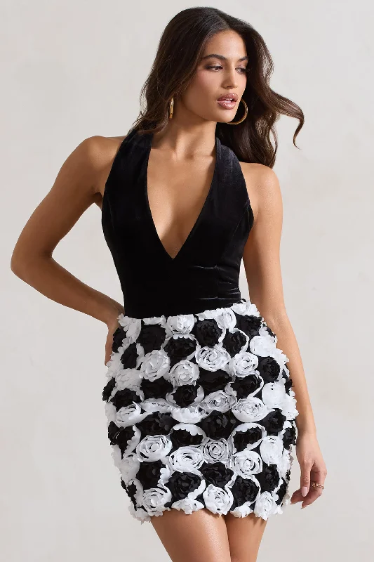 Serenade | Black & White Plunge Halter-Neck Mini Dress With Flowers Comfortable Wrap Mini Dress