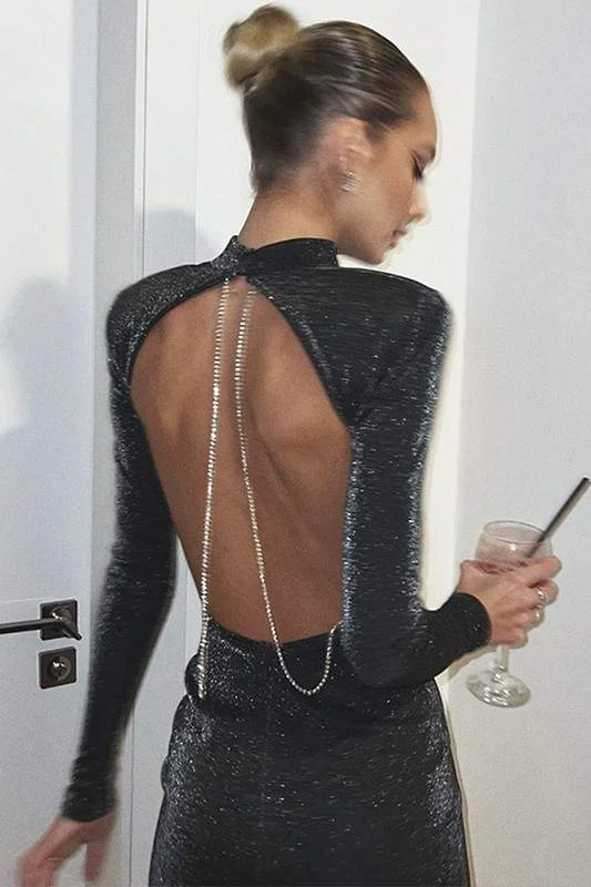 SHINY BACKLESS MINI DRESS Stylish Ribbed Mini Dress