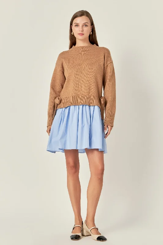 English Factory - Side Tie Mixed Media Mini Dress Casual Mini Dress with Pockets