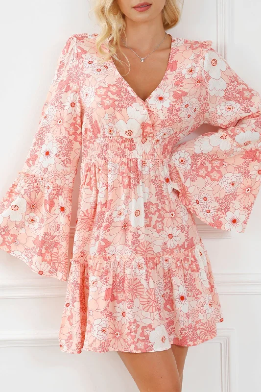 Smocked Printed Flare Sleeve Mini Dress Stylish Plaid Mini Dress