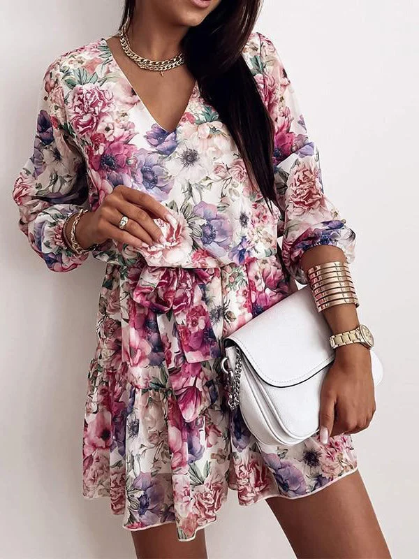 V Neck Flower Print Casual Long Sleeve Mini Dress Trendy Bodycon Mini Dress