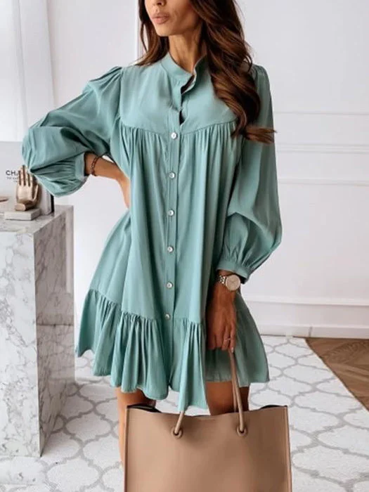 Vintage Ruffled Front Button Mini Dress Fashionable Off-Shoulder Mini Dress